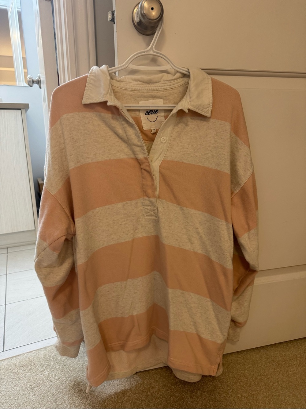 aerie Wide-Stripe Rugby Pullover in Blush and Cream